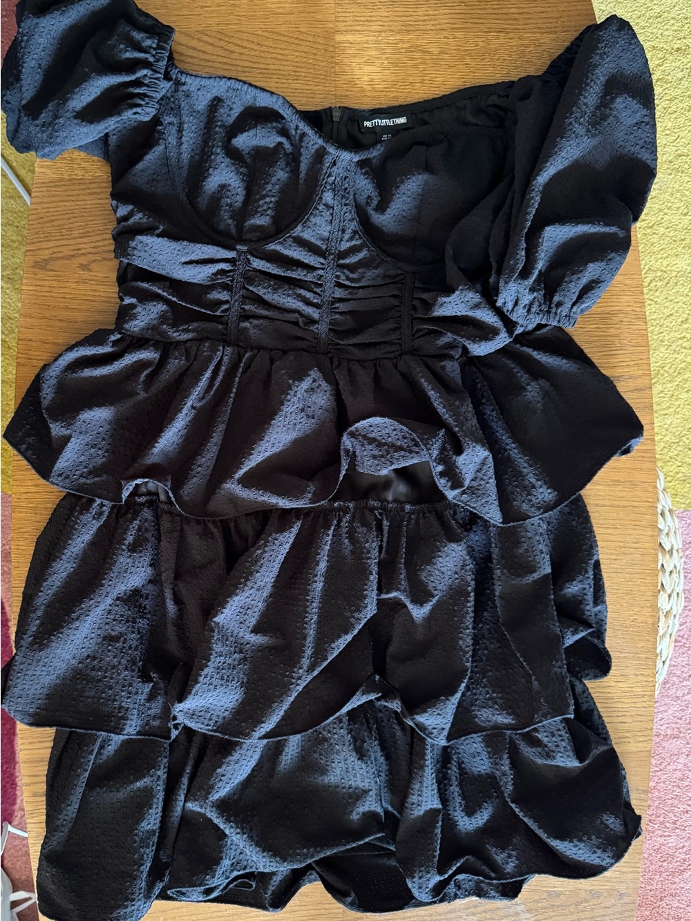 PrettyLittleThing Black Textured Dress with Puff Detail